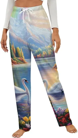 Rainbow Lake Swan Women's Pajama Pants Fleece Warm Pj Bottoms Sleepwear Lounge Pants Loungewear