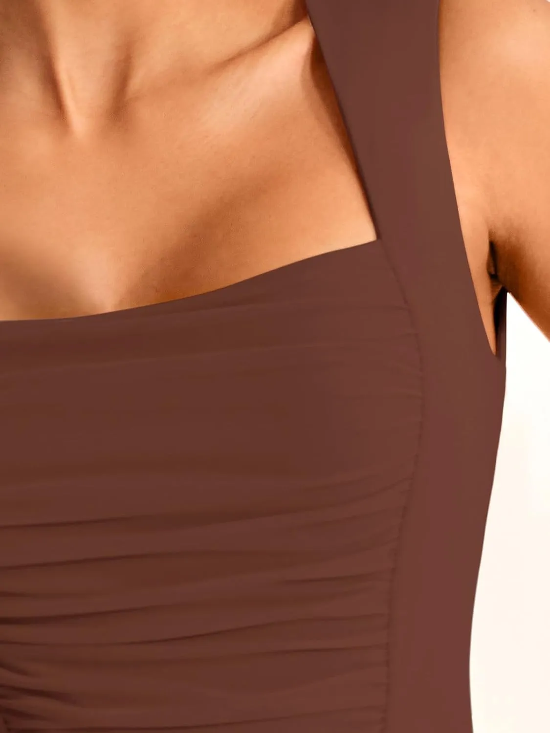 REORIA Women's Square Neck Body Suit Sleeveless Sexy Mesh Ruched Bodysuits Tank Tops 2025 Spring/Summer Designer Collection