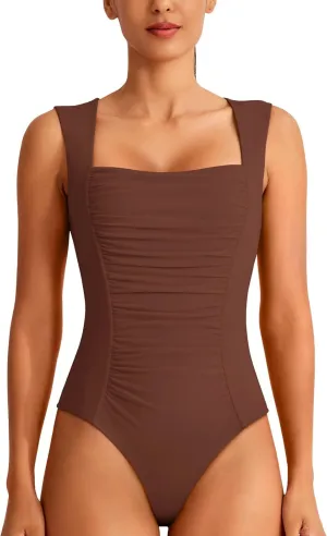 REORIA Women's Square Neck Body Suit Sleeveless Sexy Mesh Ruched Bodysuits Tank Tops 2025 Spring/Summer Designer Collection