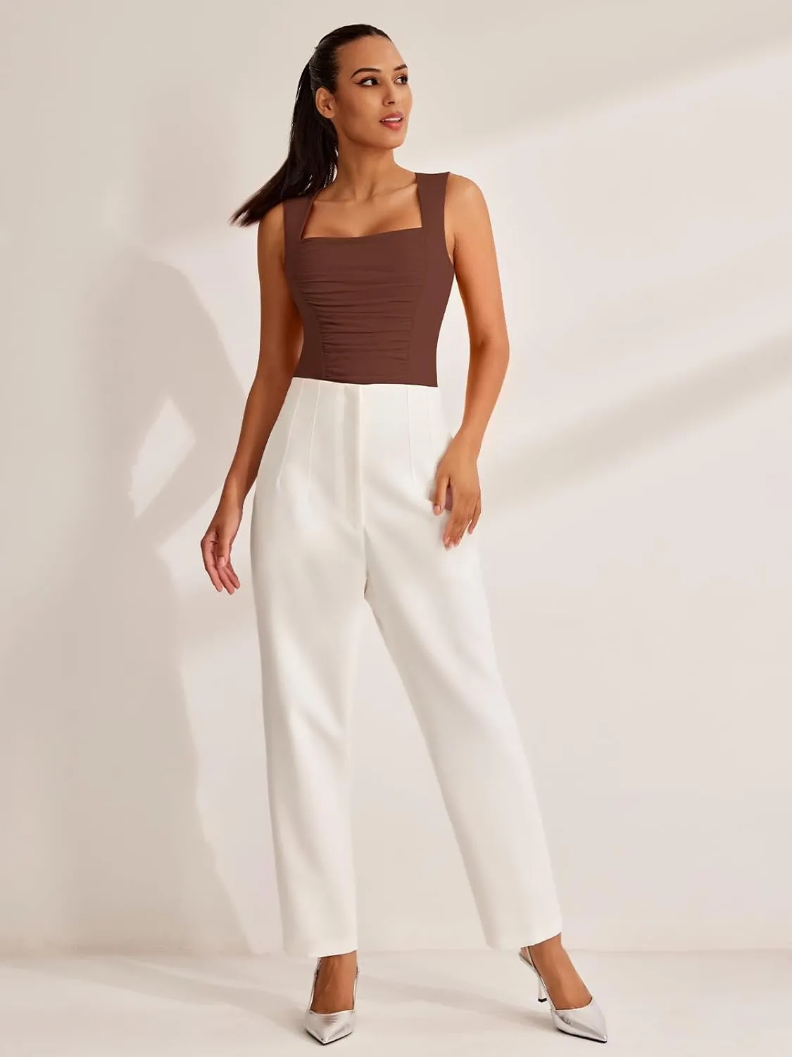 REORIA Women's Square Neck Body Suit Sleeveless Sexy Mesh Ruched Bodysuits Tank Tops 2025 Spring/Summer Designer Collection