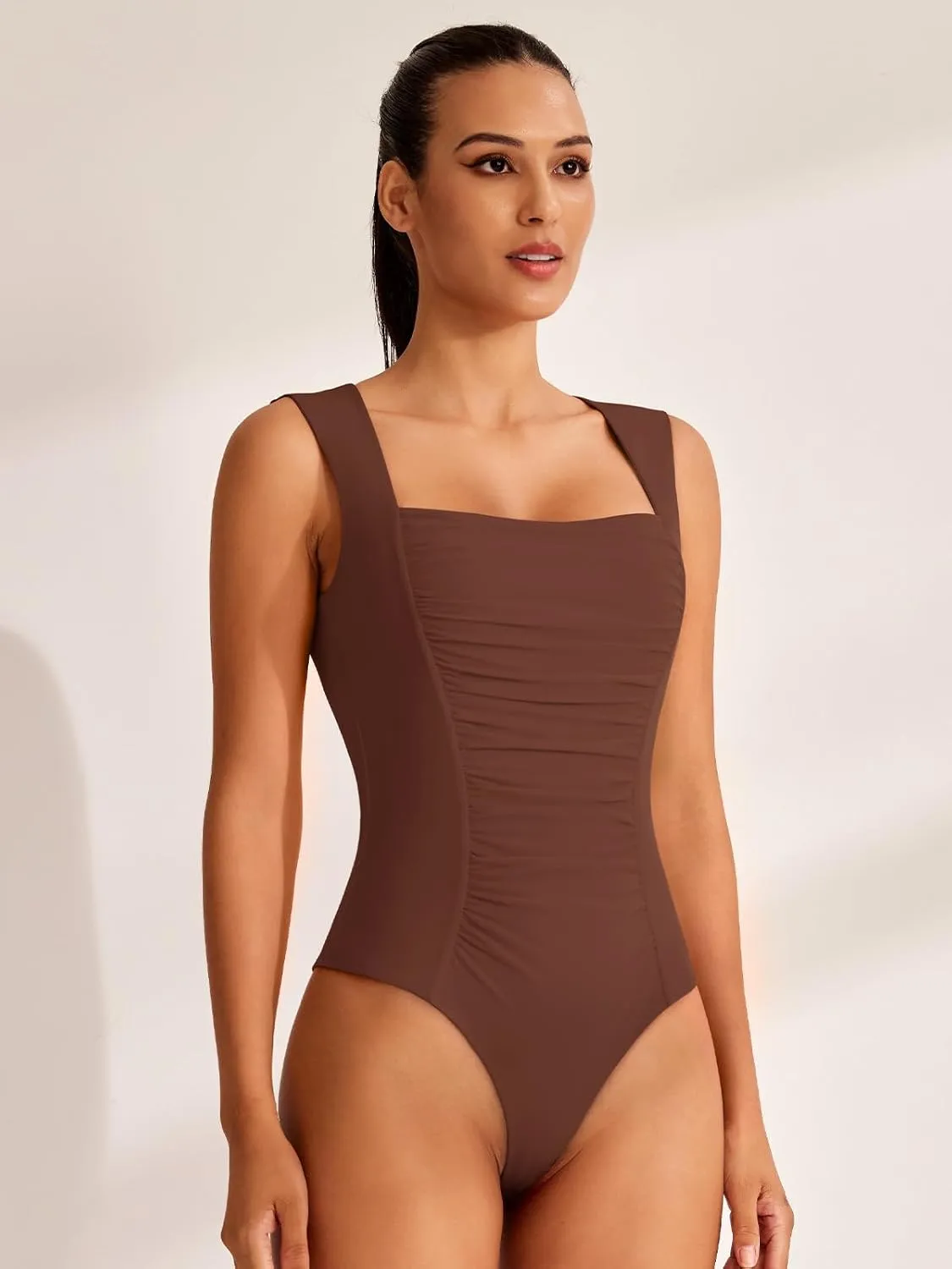 REORIA Women's Square Neck Body Suit Sleeveless Sexy Mesh Ruched Bodysuits Tank Tops 2025 Spring/Summer Designer Collection