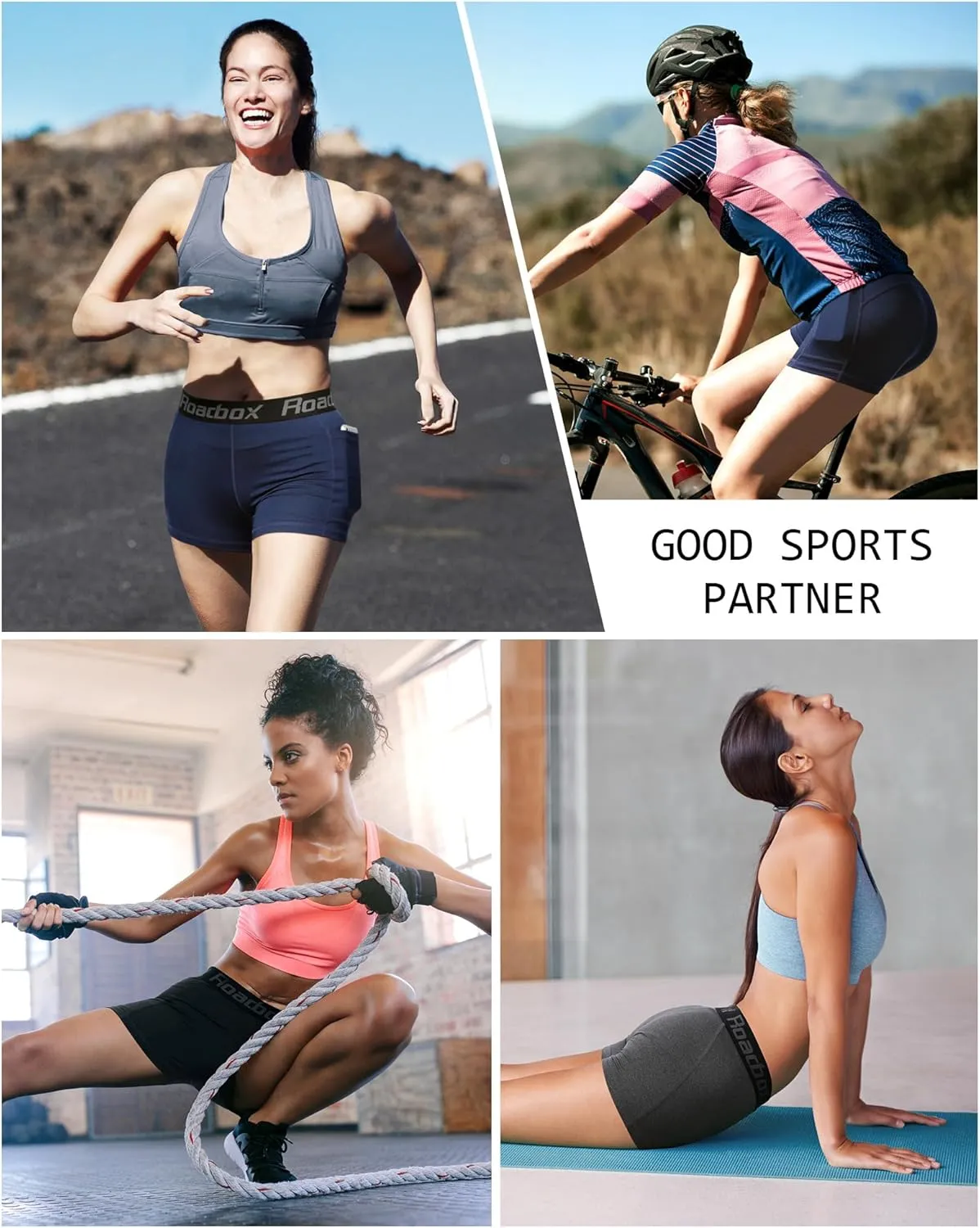 Roadbox 4" Women's Spandex Compression Shorts, 3 Pack Volleyball Shorts Athletic Biker Shorts for Workout Running Gym Yoga