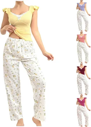 Ruziyoog Women's Pajama Sets Lace V Neck Ruffle Sleeve Tops and Long Pants Sleepwear Nightwear Soft Pjs Lounge Sets