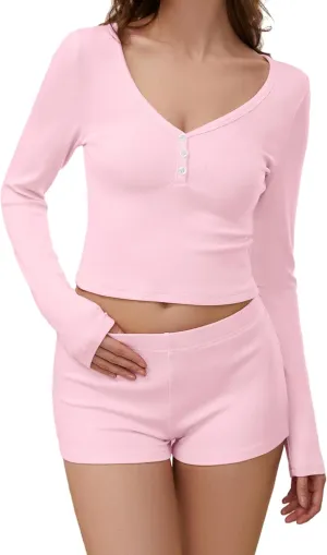 SAFRISIOR Women 2 Pieces Lounge Set Pajama Set Ribbed Knit V Neck Long Sleeve Crop T-Shirt And Shorts Sleepwear Loungewear