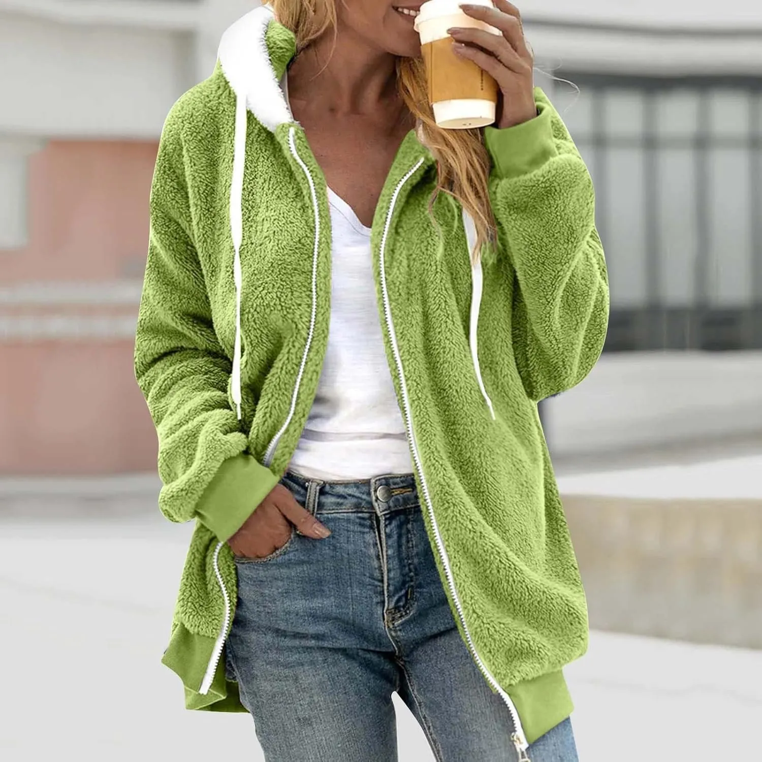 Scrub Jacket Stitching Three- Pocket Cute Hooded Pullover Sweatershirt Artificial Wool Coats Women Lightweight