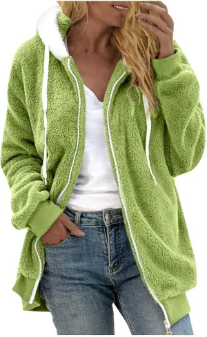 Scrub Jacket Stitching Three- Pocket Cute Hooded Pullover Sweatershirt Artificial Wool Coats Women Lightweight
