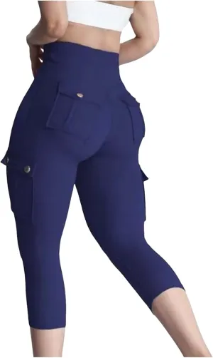 Seamless Leggings for Women Cargo High Waist Solid Slim Fit Workout Cargo Leggings with Pockets Capri Pants for Women