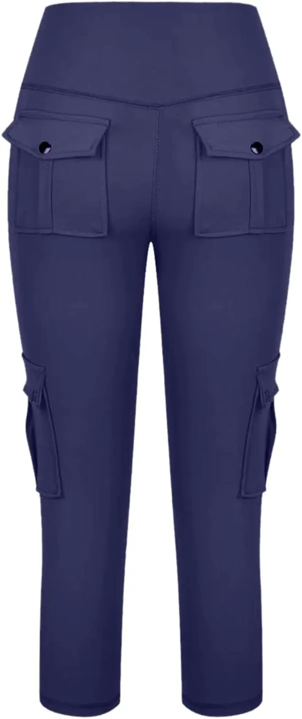 Seamless Leggings for Women Cargo High Waist Solid Slim Fit Workout Cargo Leggings with Pockets Capri Pants for Women
