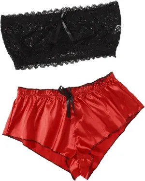 Sexy Lingerie For Women Naughty Lace Trim Bralette Bra and Panty High Waisted Bowknot Sleepwear Boudoir Nightwear