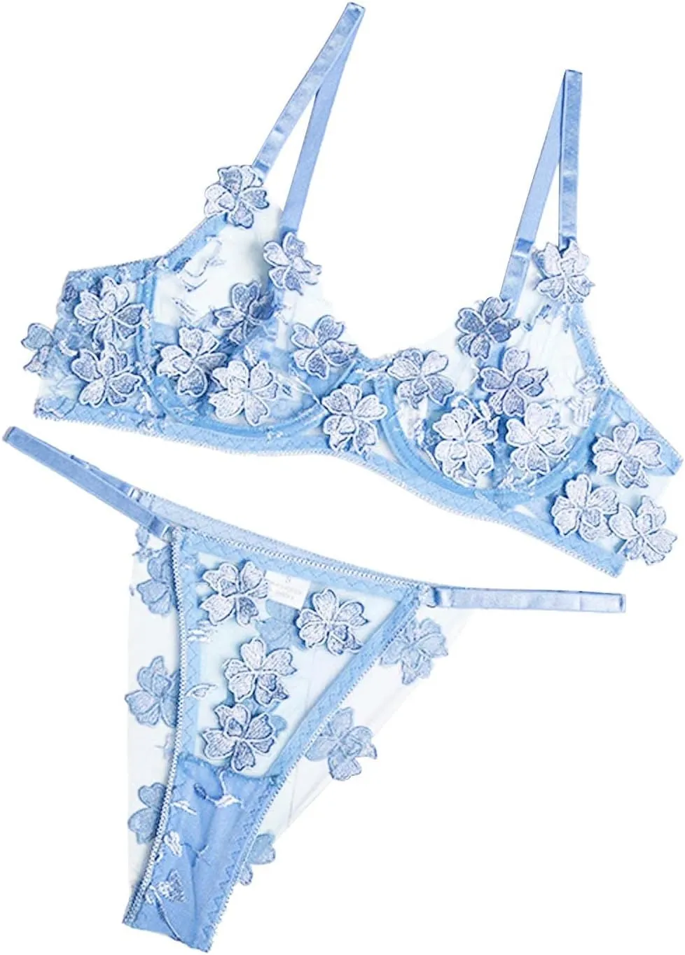 Sexy Lingerie for Women Two Piece Floral Embroidered Lace Mesh Sheer Underwire Bralette and Panty Set for Sex Naughty Play