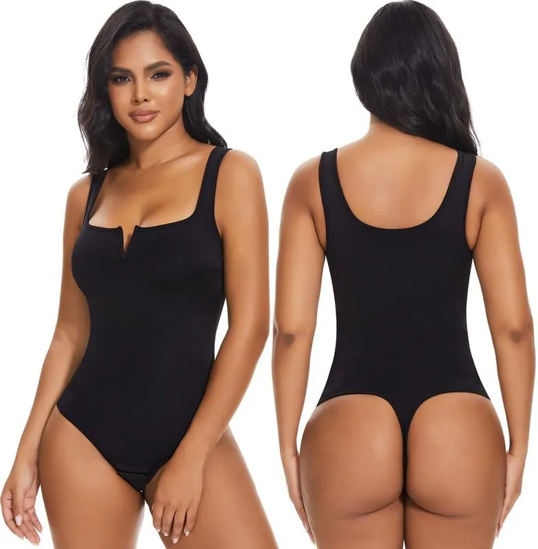 SHAPERIN Women's Notch V Square Neck Sleeveless Bodysuit Tank Tops Tummy Control Shapewear Thong Body Suits Double Lined