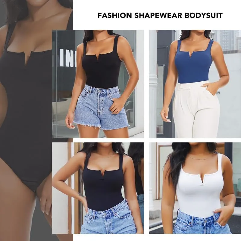 SHAPERIN Women's Notch V Square Neck Sleeveless Bodysuit Tank Tops Tummy Control Shapewear Thong Body Suits Double Lined