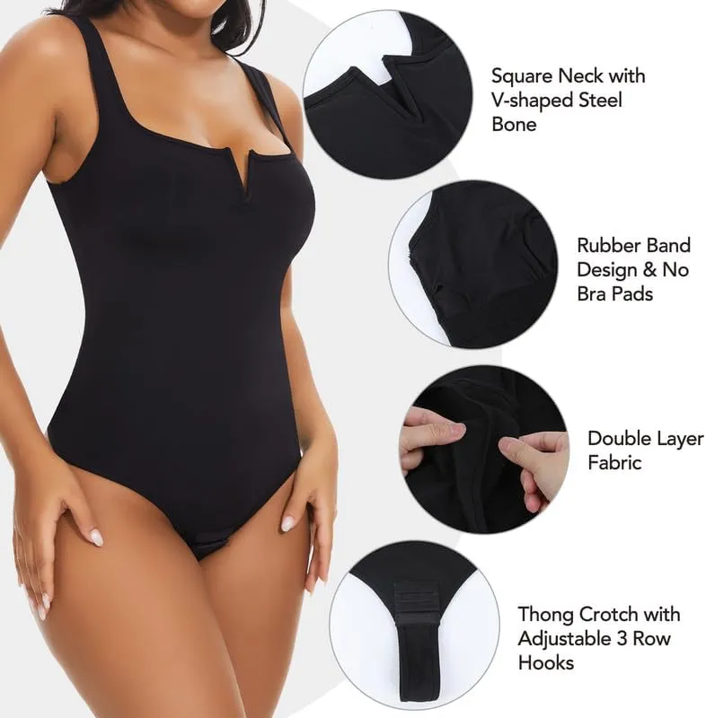 SHAPERIN Women's Notch V Square Neck Sleeveless Bodysuit Tank Tops Tummy Control Shapewear Thong Body Suits Double Lined