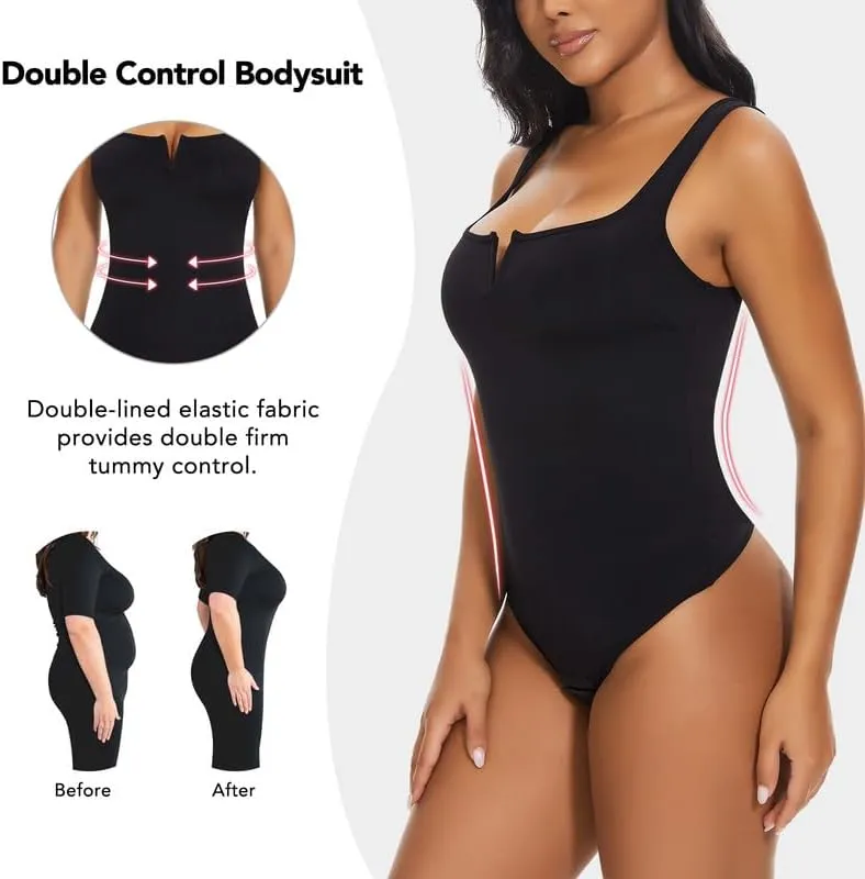 SHAPERIN Women's Notch V Square Neck Sleeveless Bodysuit Tank Tops Tummy Control Shapewear Thong Body Suits Double Lined