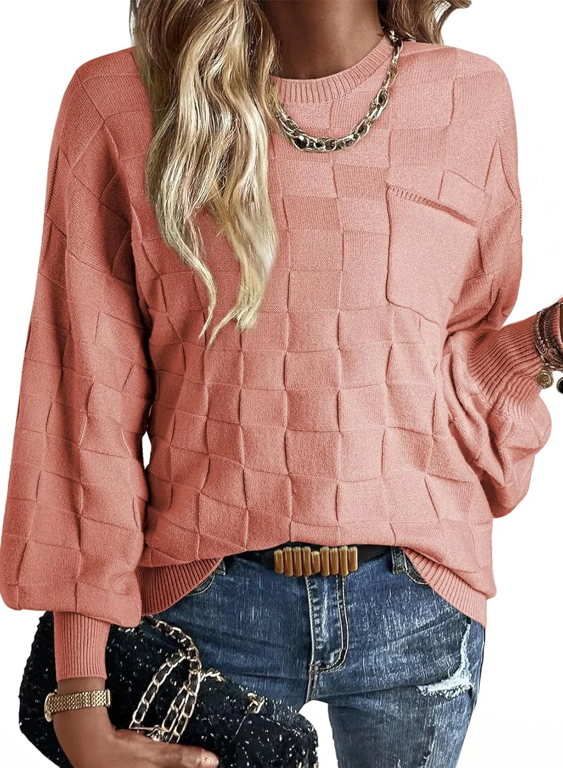 SHEWIN Womens Sweaters 2025 Casual Crewneck Long Sleeve Lightweight Checkered Knit Knit Pullover Sweater Tops