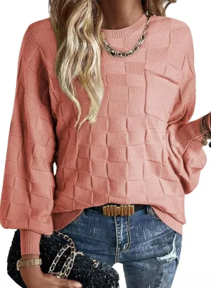 SHEWIN Womens Sweaters 2025 Casual Crewneck Long Sleeve Lightweight Checkered Knit Knit Pullover Sweater Tops