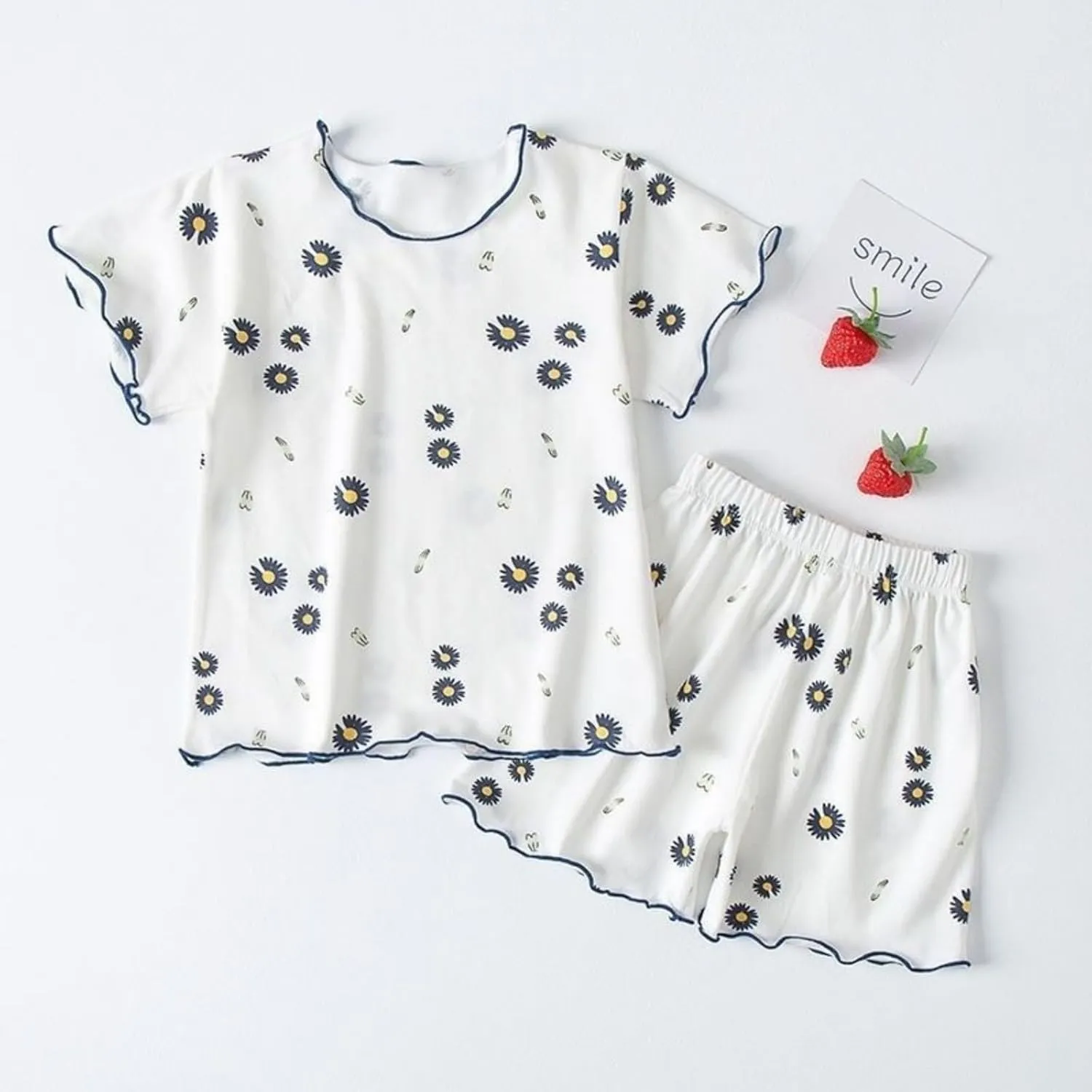 Short Sleeve Pajama Set 2 Piece Strawberry Print Lounge Sets Summer T Shirt Top and Shorts Pj Sets Soft Sleepwear