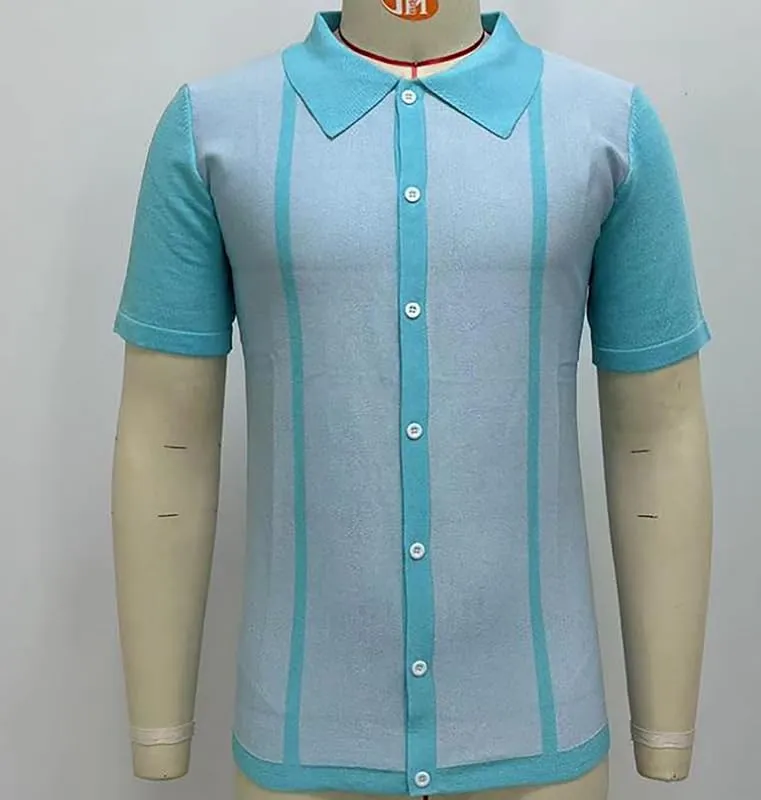 Short Sleeve Striped Knit Polo Shirt Striped Slim Fit Knit Polo Shirt Men's Vintage Striped Knit Cardigan Button Down Polo