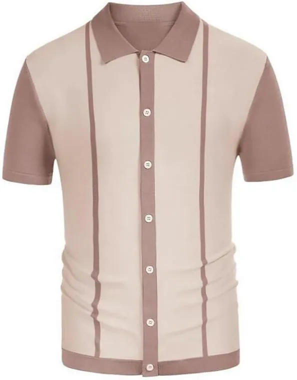 Short Sleeve Striped Knit Polo Shirt Striped Slim Fit Knit Polo Shirt Men's Vintage Striped Knit Cardigan Button Down Polo
