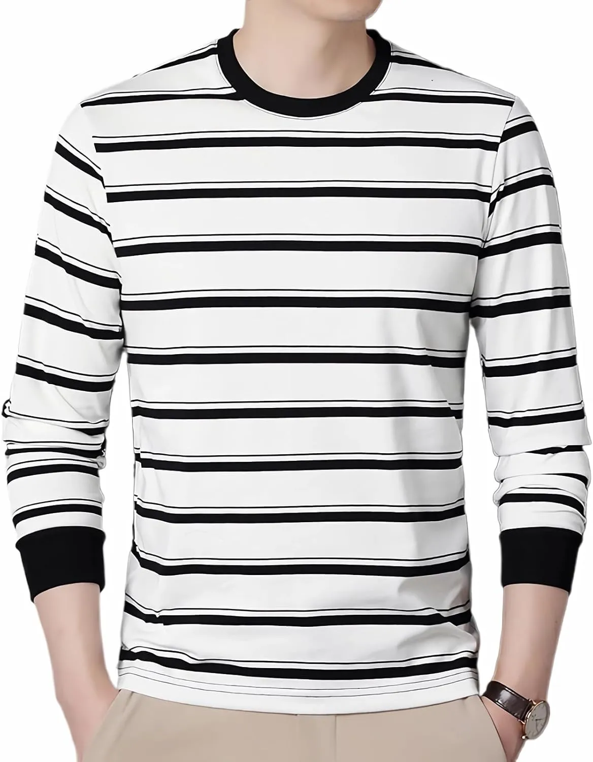 SHUIANGRAN Men's Striped T-Shirt Sport Cotton Shirts Classic Fit Casual Pullover Long/Short Sleeve Crew Neck Striped Shirts