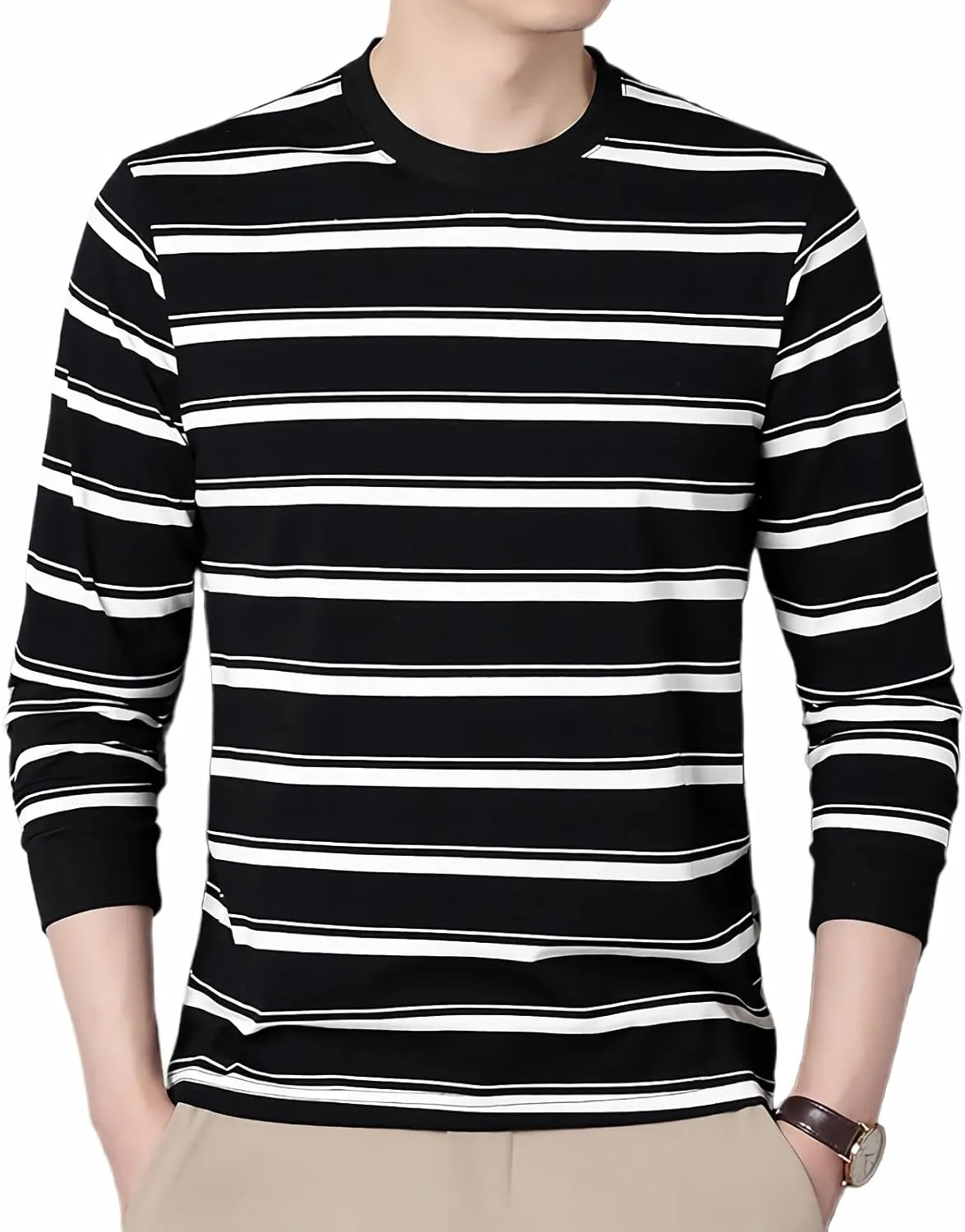 SHUIANGRAN Men's Striped T-Shirt Sport Cotton Shirts Classic Fit Casual Pullover Long/Short Sleeve Crew Neck Striped Shirts