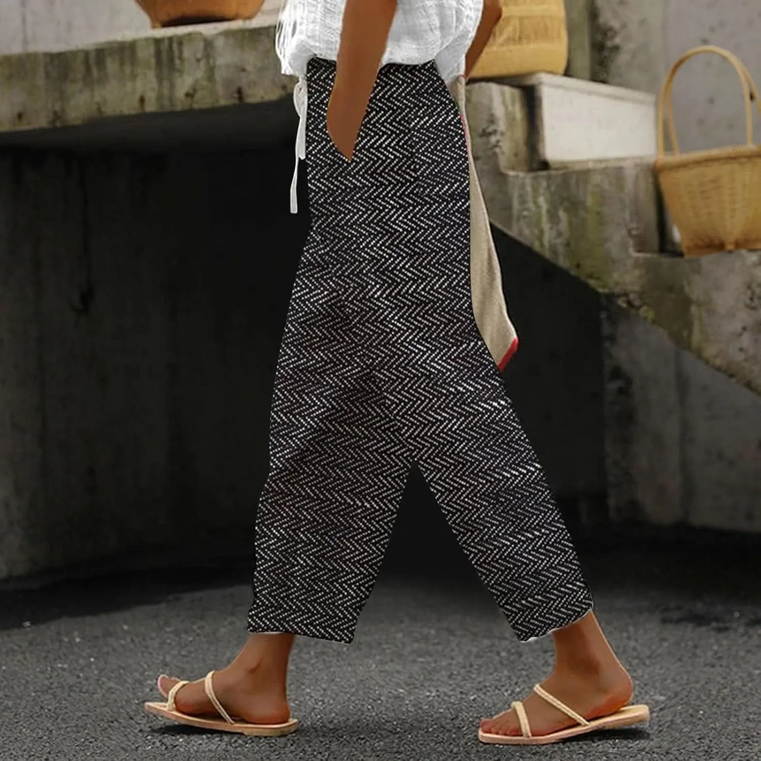 Striped Linen Capris Women Casual Drawstring Pants Striped Linen Capris Women Linen Pants Women Capri Linen