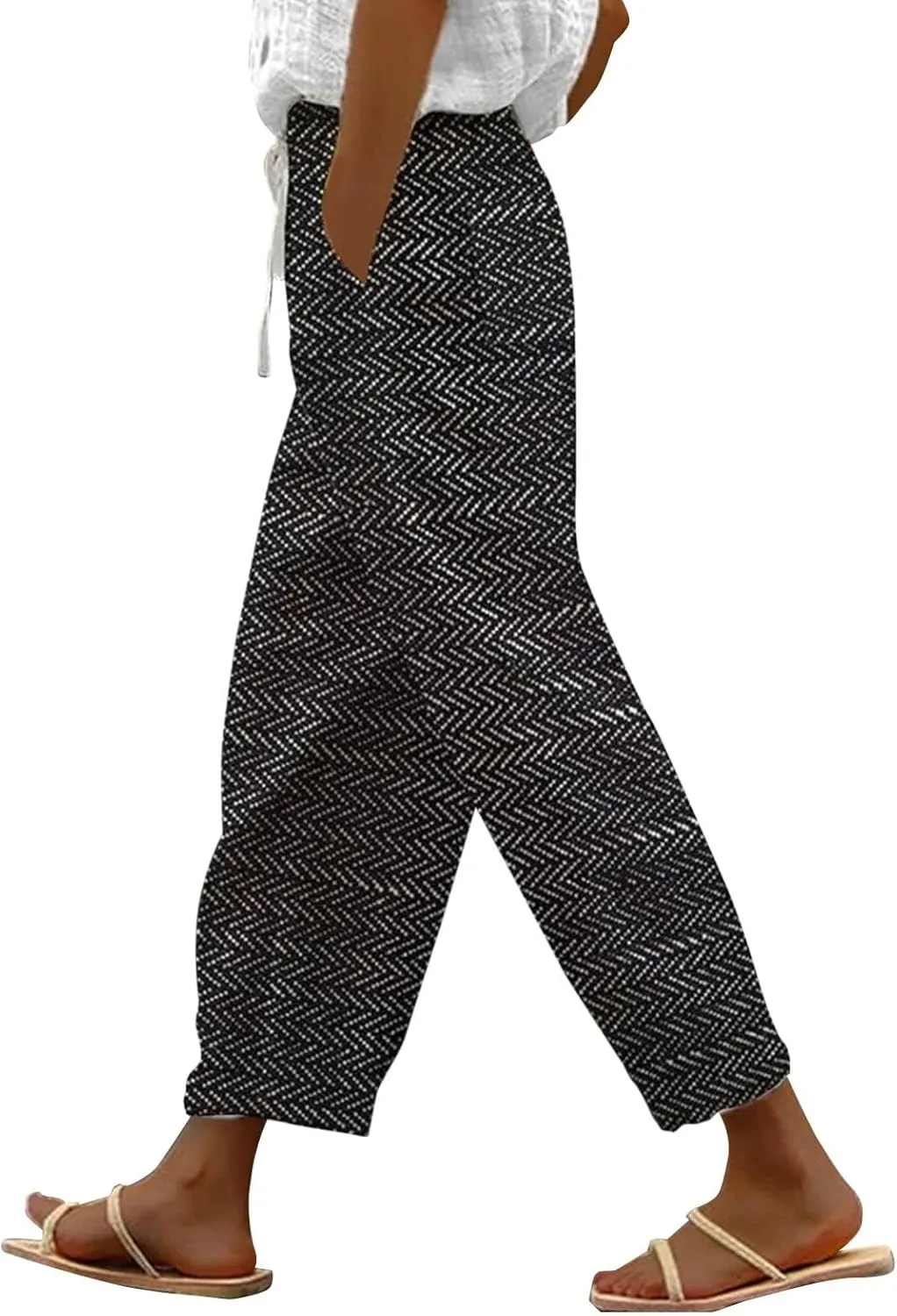 Striped Linen Capris Women Casual Drawstring Pants Striped Linen Capris Women Linen Pants Women Capri Linen