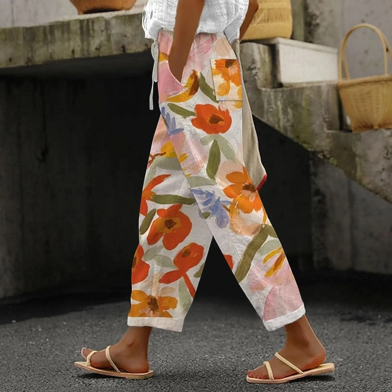 Striped Linen Capris Women Casual Drawstring Pants Striped Linen Capris Women Linen Pants Women Capri Linen