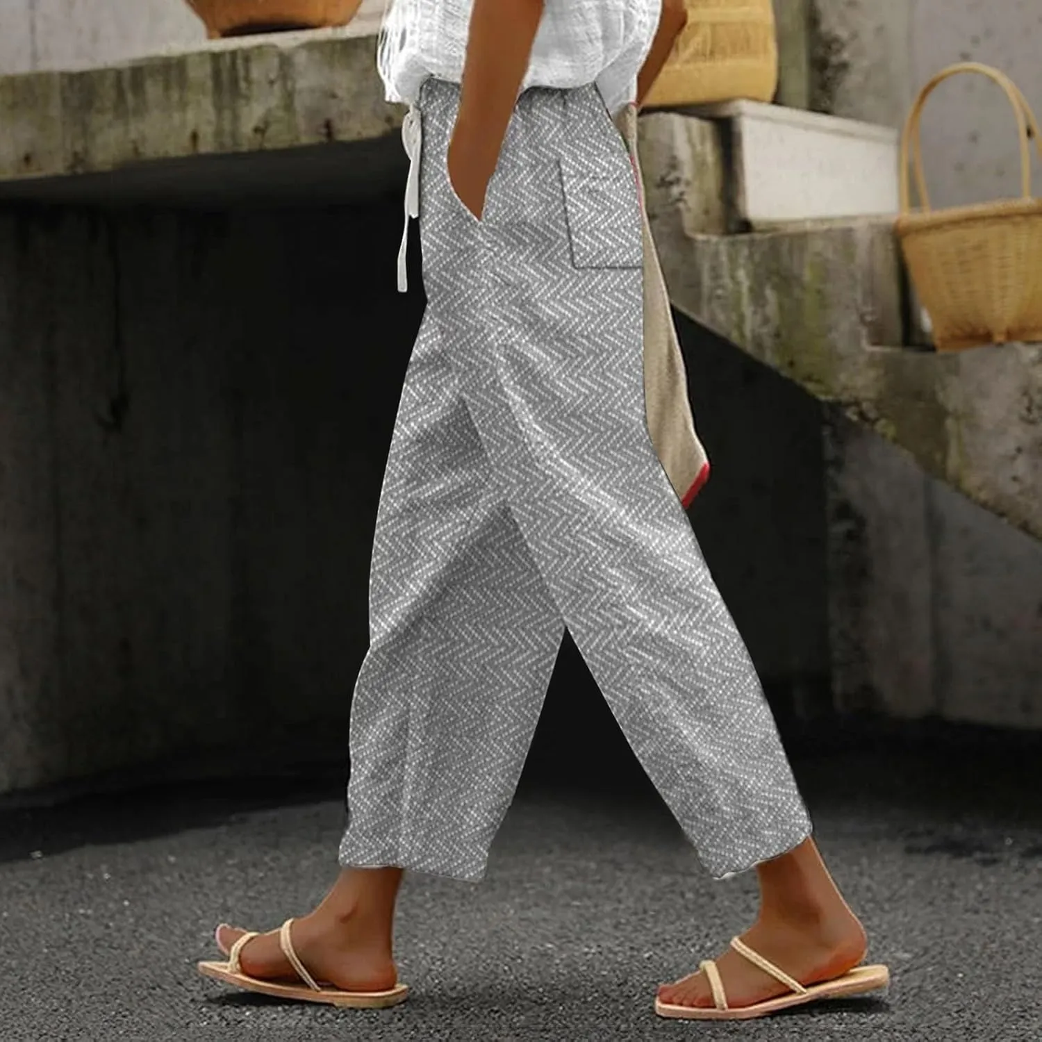 Striped Linen Capris Women Casual Drawstring Pants Striped Linen Capris Women Linen Pants Women Capri Linen