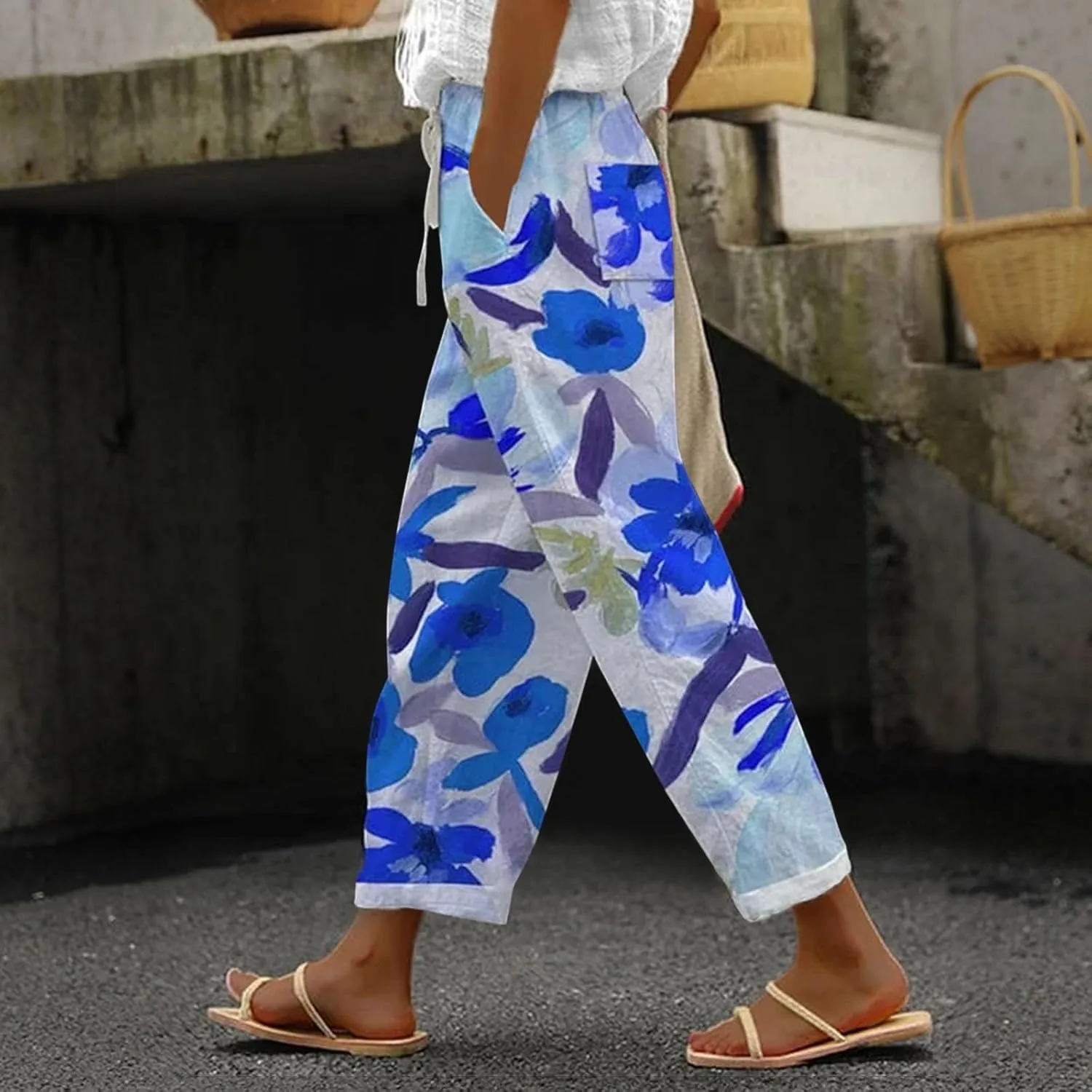 Striped Linen Capris Women Casual Drawstring Pants Striped Linen Capris Women Linen Pants Women Capri Linen