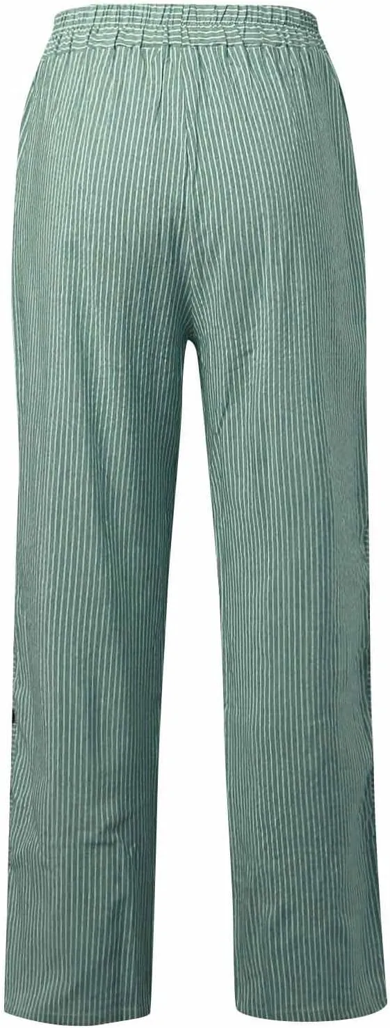 Striped Linen Pants Women Casual High Waisted Wide Leg Cropped Pants Summer Beach Gauze Capri Trousers with Pockets