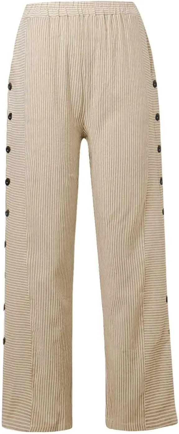 Striped Linen Pants Women Casual High Waisted Wide Leg Cropped Pants Summer Beach Gauze Capri Trousers with Pockets