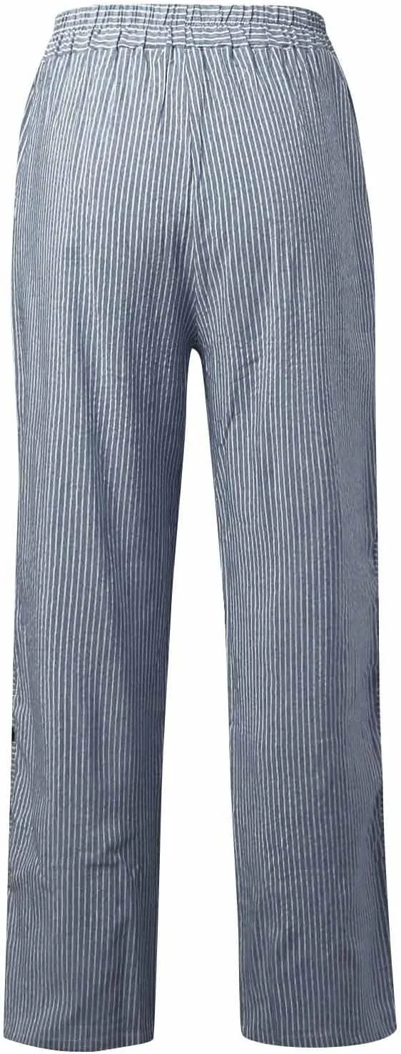 Striped Linen Pants Women Casual High Waisted Wide Leg Cropped Pants Summer Beach Gauze Capri Trousers with Pockets