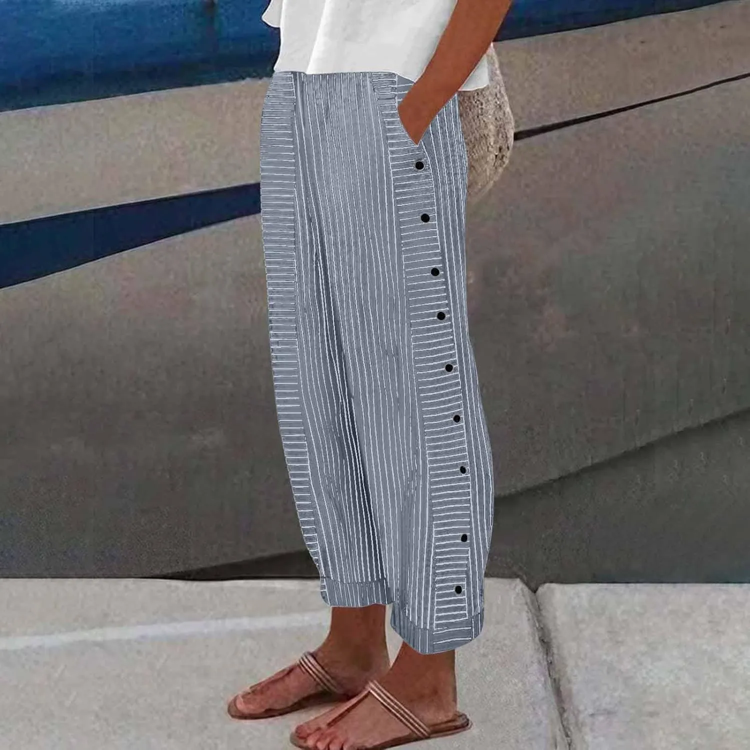 Striped Linen Pants Women Casual High Waisted Wide Leg Cropped Pants Summer Beach Gauze Capri Trousers with Pockets