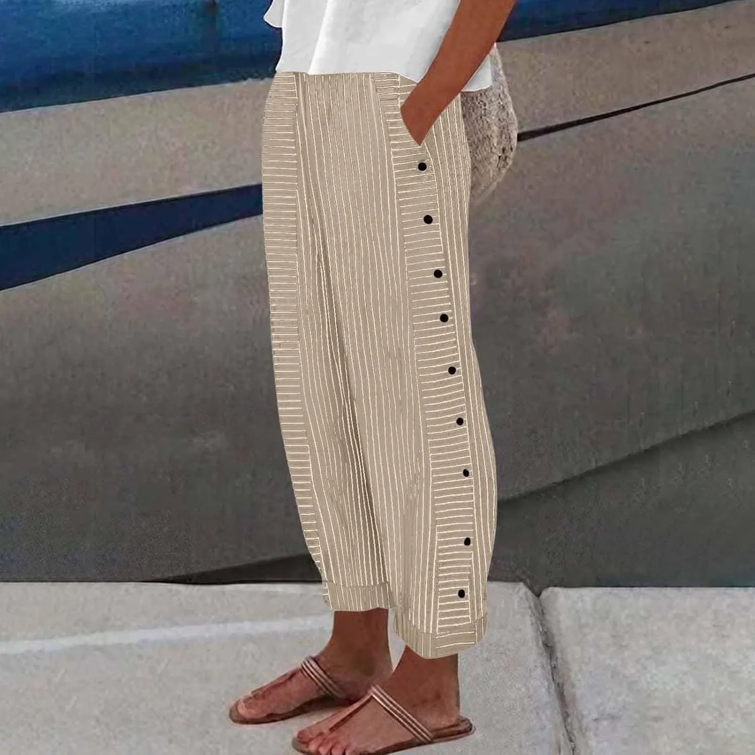 Striped Linen Pants Women Casual High Waisted Wide Leg Cropped Pants Summer Beach Gauze Capri Trousers with Pockets