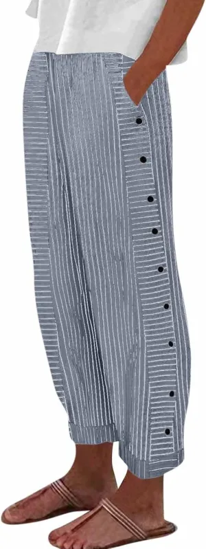Striped Linen Pants Women Casual High Waisted Wide Leg Cropped Pants Summer Beach Gauze Capri Trousers with Pockets