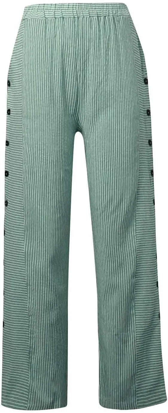 Striped Linen Pants Women Casual High Waisted Wide Leg Cropped Pants Summer Beach Gauze Capri Trousers with Pockets