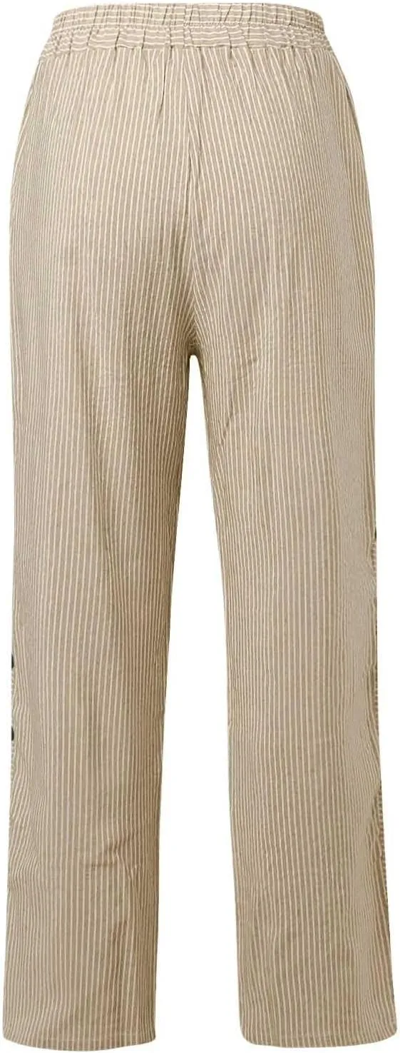 Striped Linen Pants Women Casual High Waisted Wide Leg Cropped Pants Summer Beach Gauze Capri Trousers with Pockets