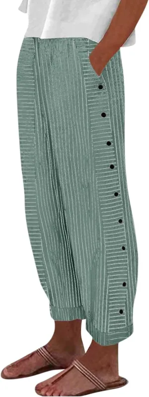 Striped Linen Pants Women Casual High Waisted Wide Leg Cropped Pants Summer Beach Gauze Capri Trousers with Pockets