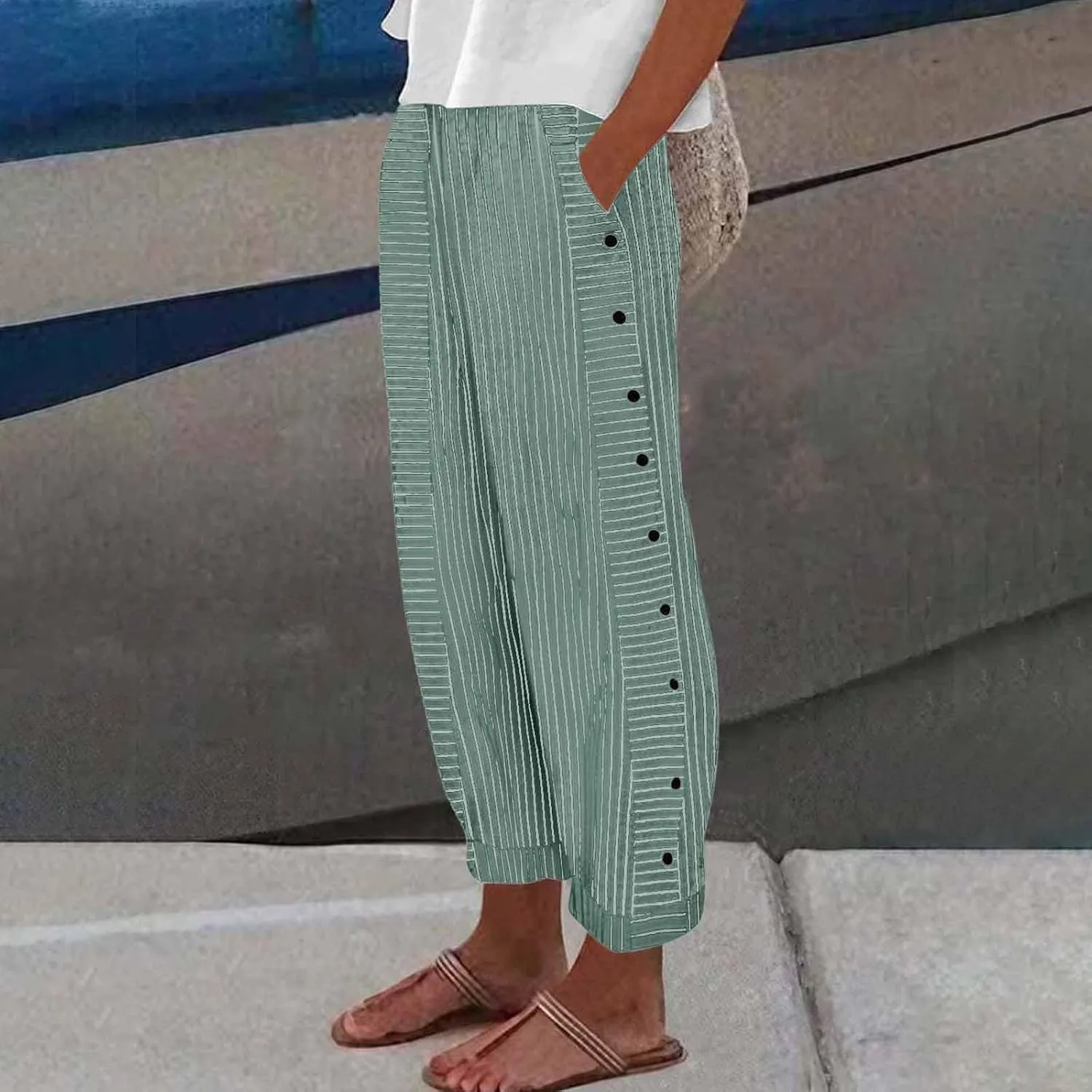 Striped Linen Pants Women Casual High Waisted Wide Leg Cropped Pants Summer Beach Gauze Capri Trousers with Pockets