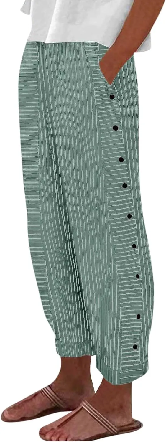 Striped Linen Pants Women Casual High Waisted Wide Leg Cropped Pants Summer Beach Gauze Capri Trousers with Pockets