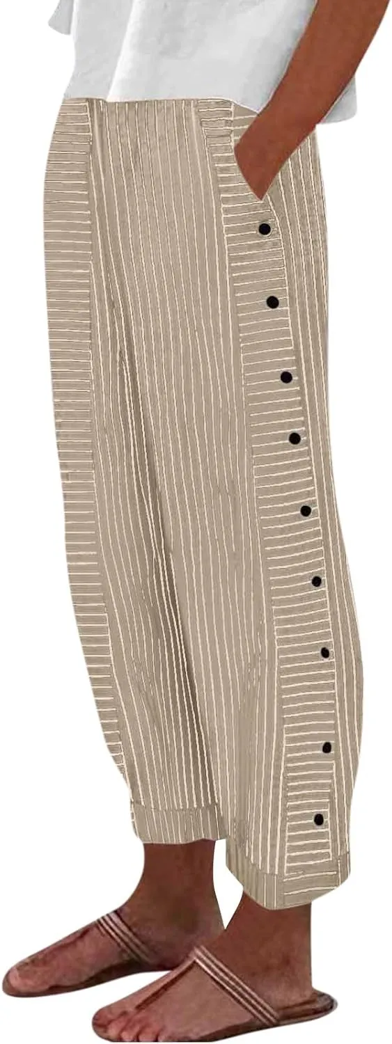 Striped Linen Pants Women Casual High Waisted Wide Leg Cropped Pants Summer Beach Gauze Capri Trousers with Pockets