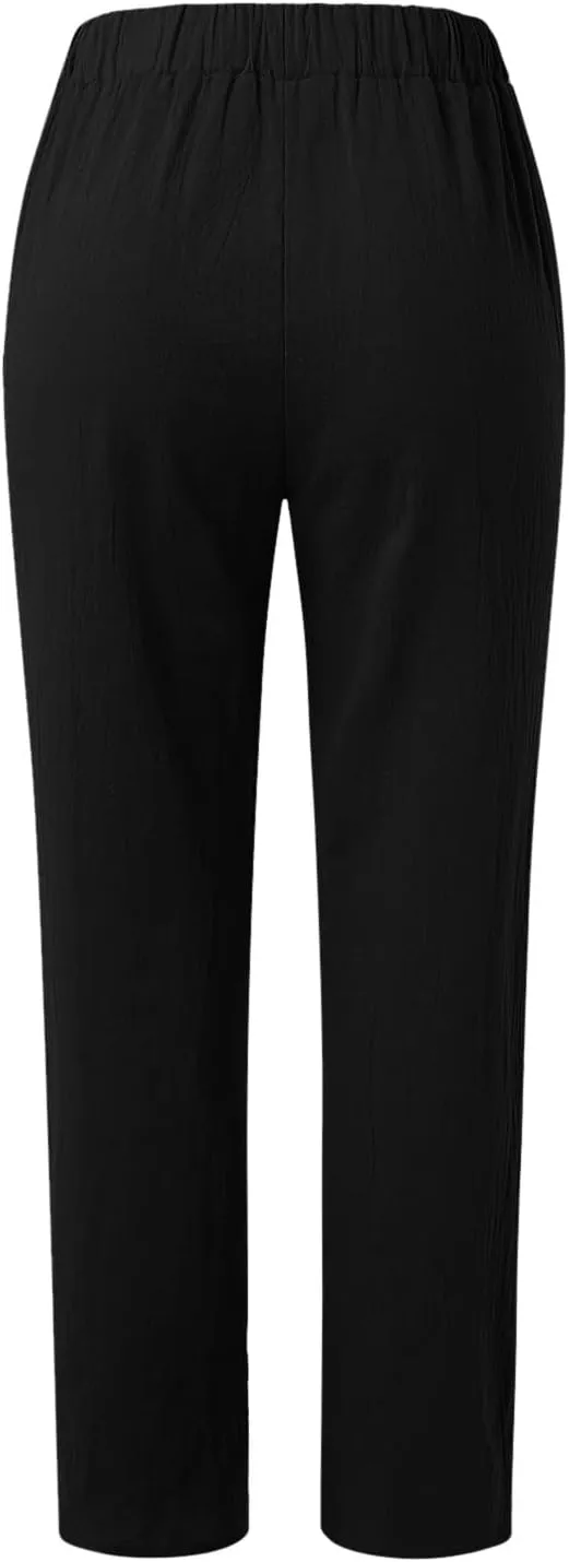 Striped Linen Pants Women Vintage Striped Print High Elastic Waist Wide Leg Capri Beach Palazzo Pants with Pockets