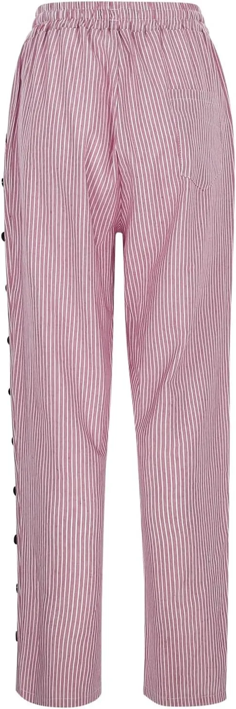 Striped Linen Pants Women Vintage Striped Print High Elastic Waist Wide Leg Capri Beach Palazzo Pants with Pockets