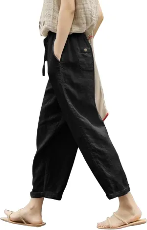 Striped Linen Pants Women Vintage Striped Print High Elastic Waist Wide Leg Capri Beach Palazzo Pants with Pockets