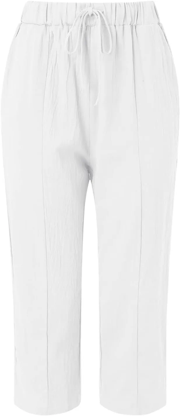 Striped Linen Pants Women Vintage Striped Print High Elastic Waist Wide Leg Capri Beach Palazzo Pants with Pockets