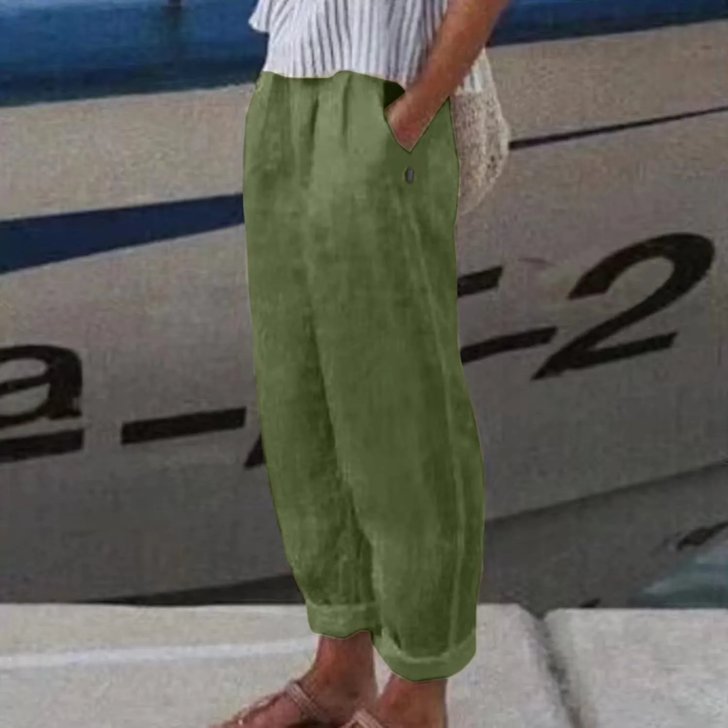 Striped Linen Pants Women Vintage Striped Print High Elastic Waist Wide Leg Capri Beach Palazzo Pants with Pockets