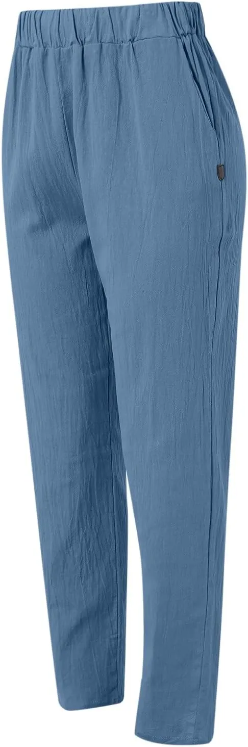 Striped Linen Pants Women Vintage Striped Print High Elastic Waist Wide Leg Capri Beach Palazzo Pants with Pockets