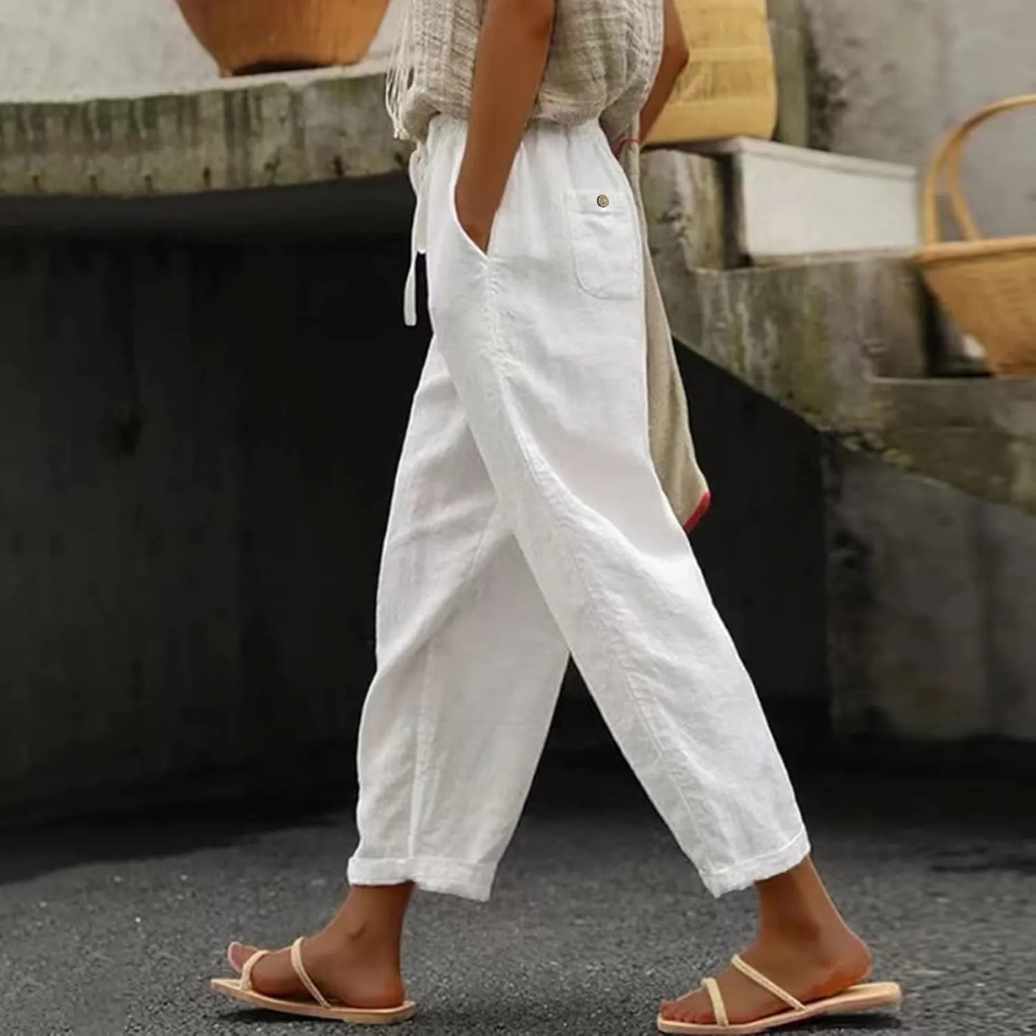 Striped Linen Pants Women Vintage Striped Print High Elastic Waist Wide Leg Capri Beach Palazzo Pants with Pockets