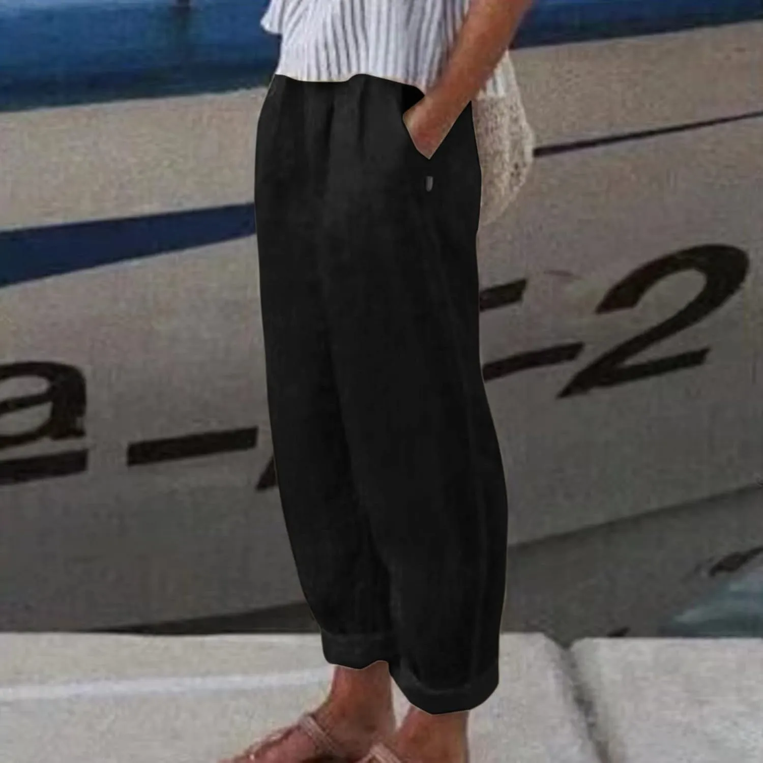 Striped Linen Pants Women Vintage Striped Print High Elastic Waist Wide Leg Capri Beach Palazzo Pants with Pockets